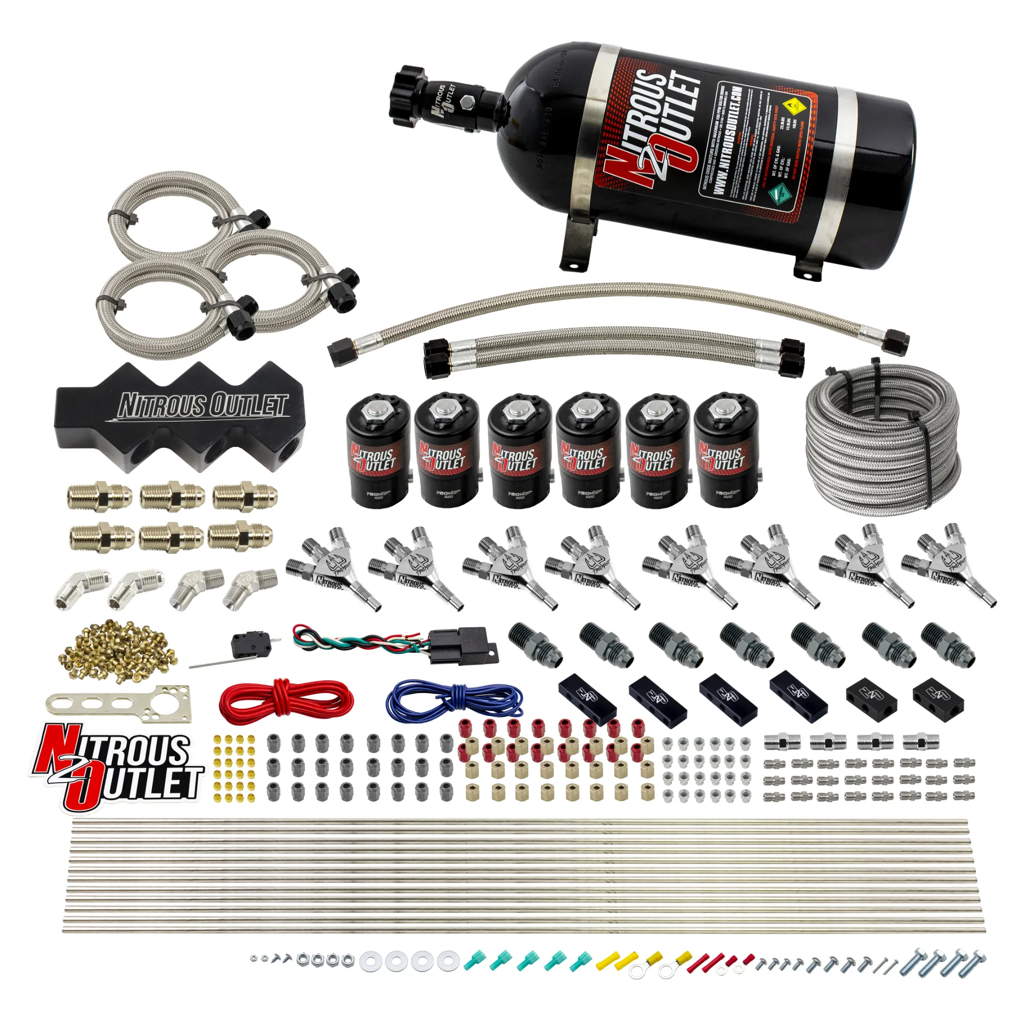 Nitrous Outlet Dry 8 Cylinder Three Stage Direct Port System - Three .112 Nitrous Solenoids/Trident Distribution Blocks/ T...