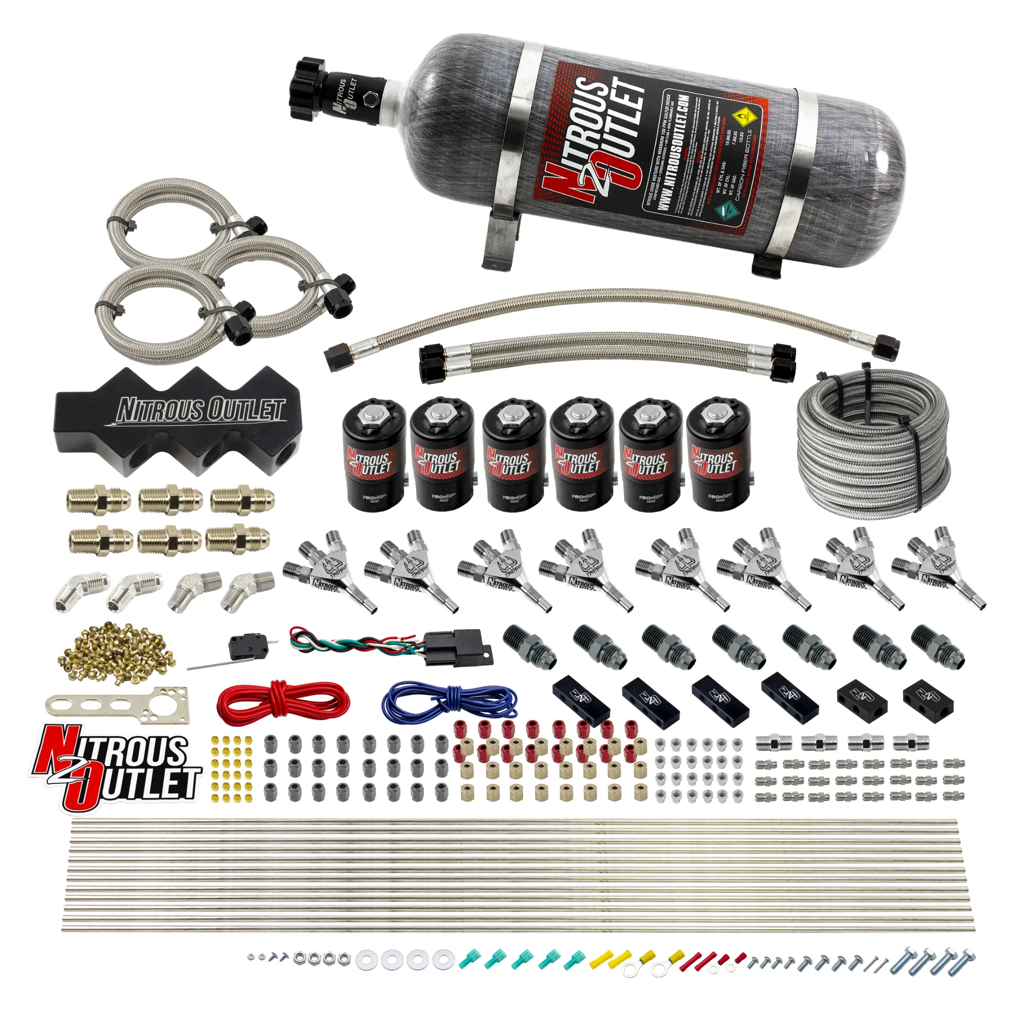 Nitrous Outlet Dry 8 Cylinder Three Stage Direct Port System - Three .112 Nitrous Solenoids/Trident Distribution Blocks/ T...