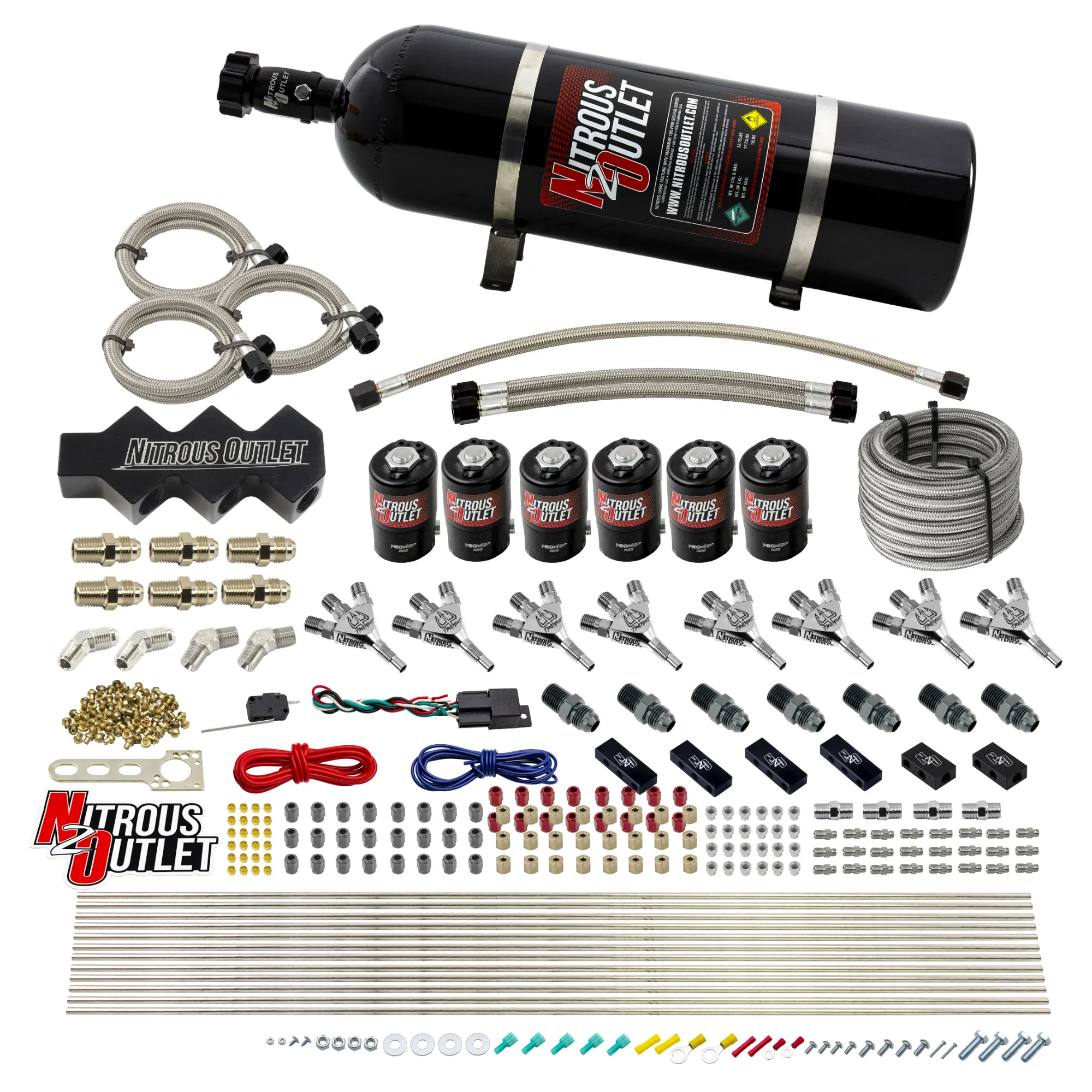 Nitrous Outlet Dry 8 Cylinder Three Stage Direct Port System - Three .112 Nitrous Solenoids/Trident Distribution Blocks/ T...