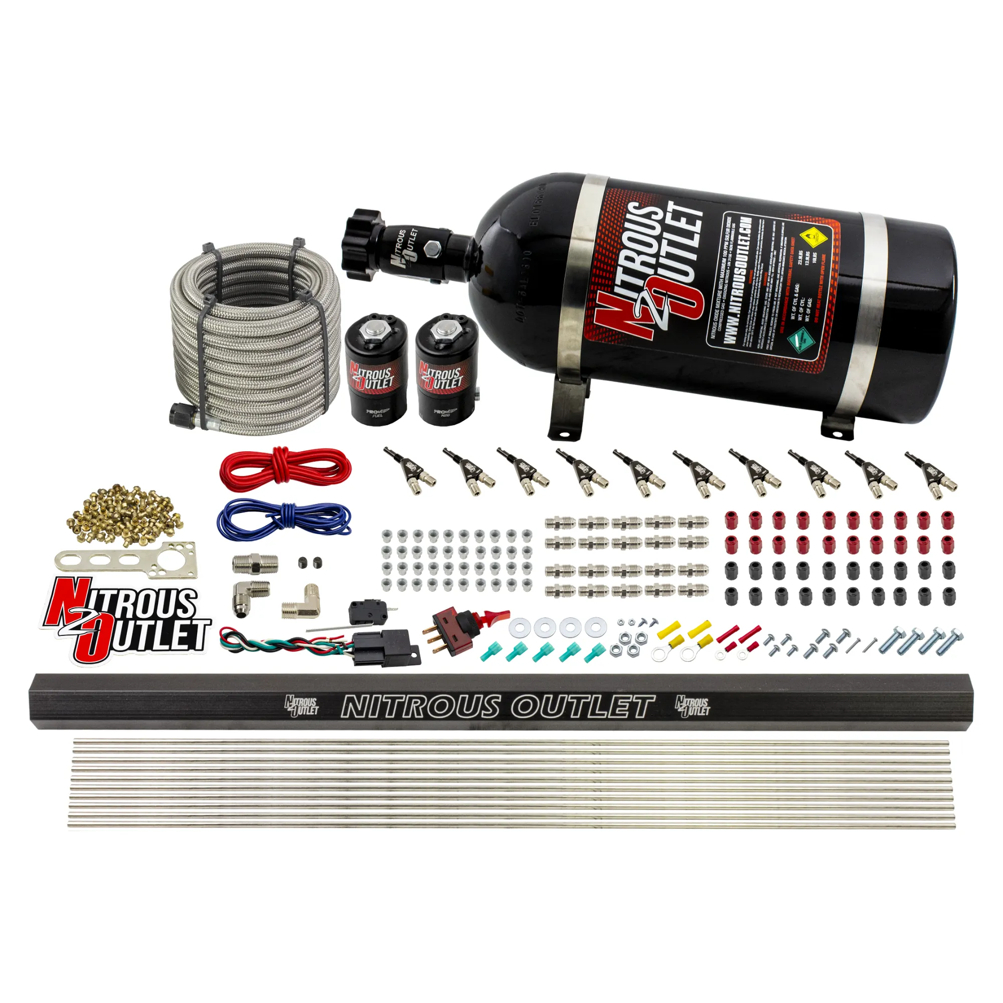 Nitrous Outlet 10 Cylinder Direct Port System - .122 Nitrous Solenoid/.310 Fuel Solenoid/Dual Passage Injection Rail/90 Degree Discharge Nozzles (E85)(45-55 psi)(125-375HP)(10lb Bottle)