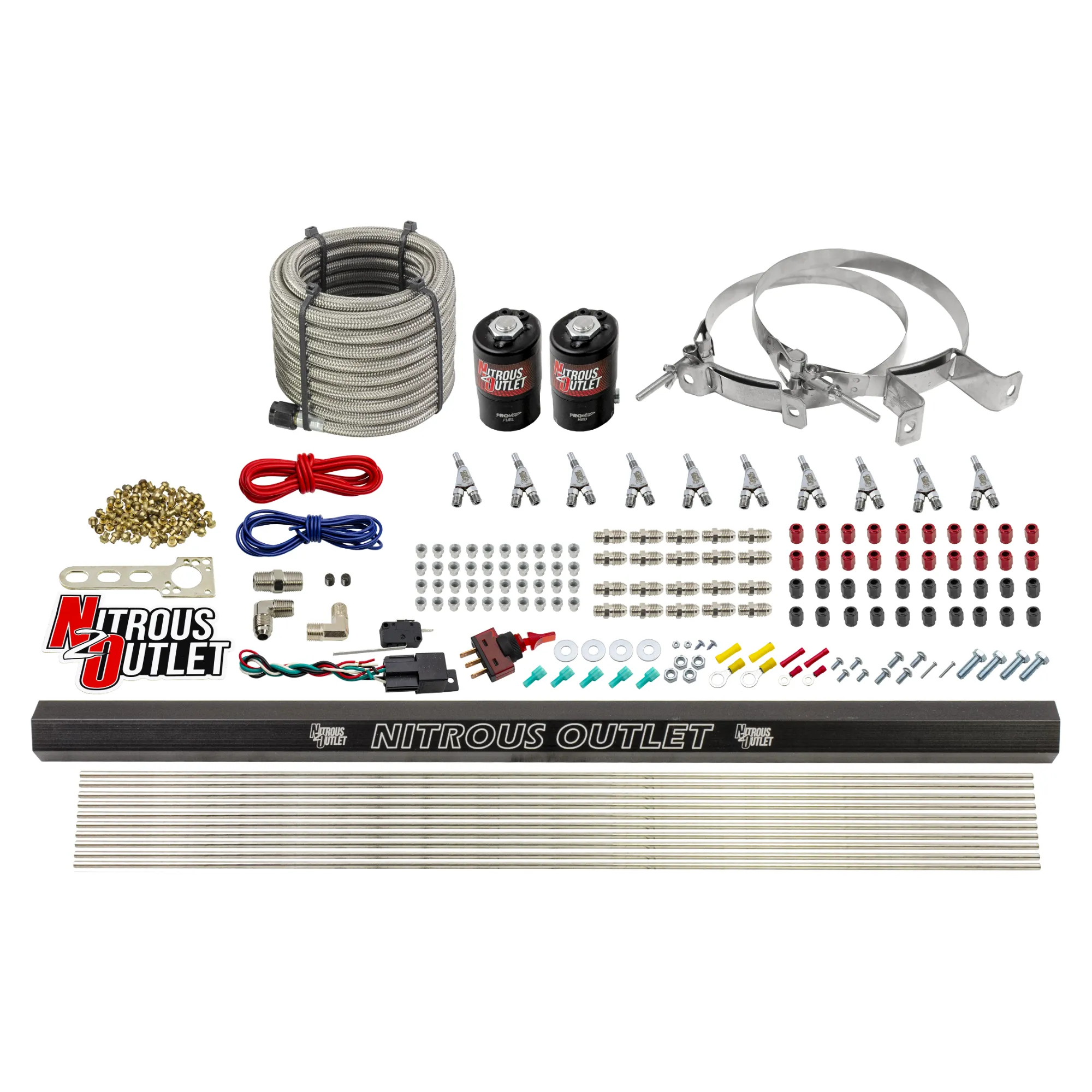 Nitrous Outlet 10 Cylinder Direct Port System - .122 Nitrous Solenoid/.310 Fuel Solenoid/Dual Passage Injection Rail/Annular Discharge Nozzles (E85)(45-55 psi)(125-375HP)(No Bottle)