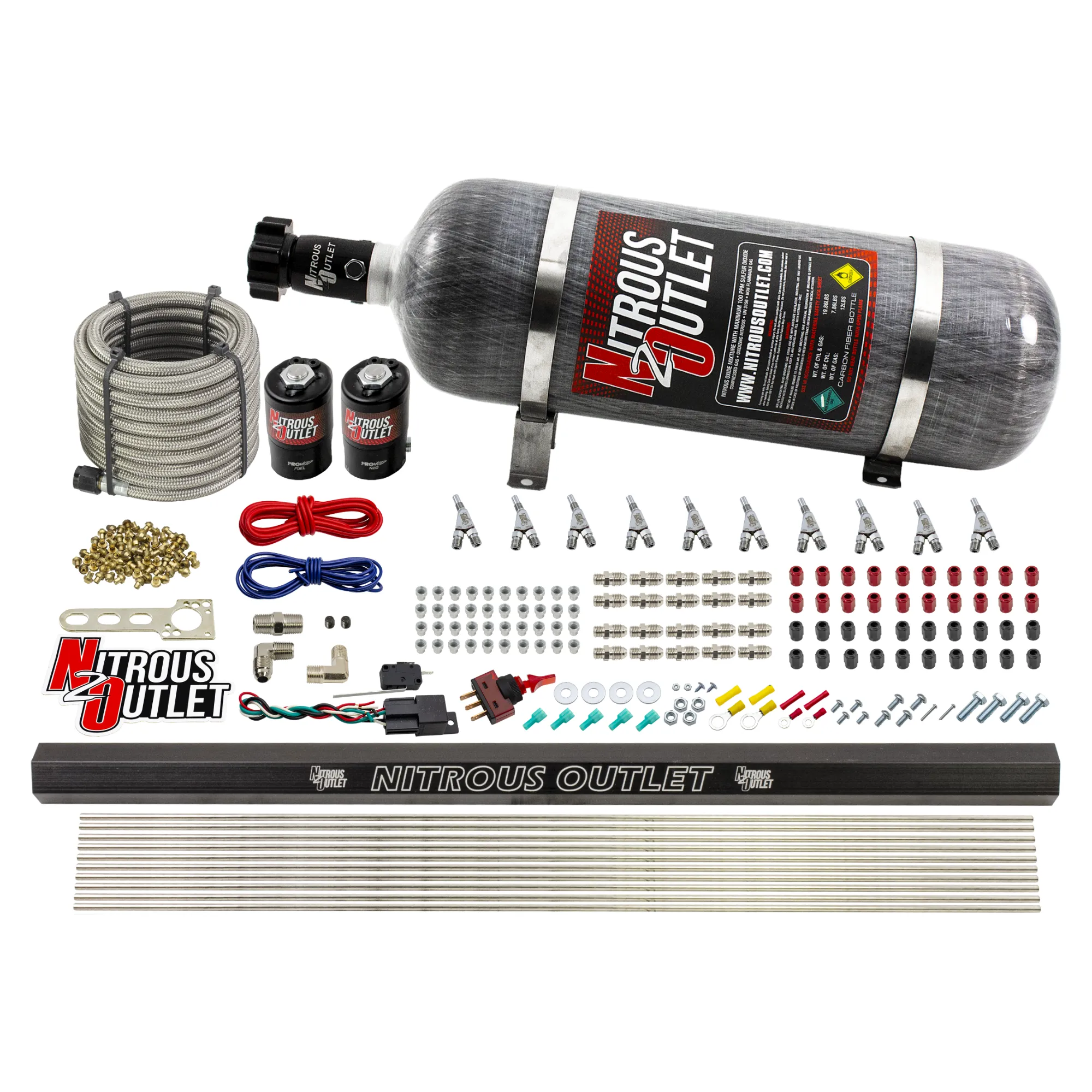 Nitrous Outlet 10 Cylinder Direct Port System - .122 Nitrous Solenoid/.310 Fuel Solenoid/Dual Passage Injection Rail/Annular Discharge Nozzles (E85)(45-55 psi)(125-375HP)(12lb Bottle)