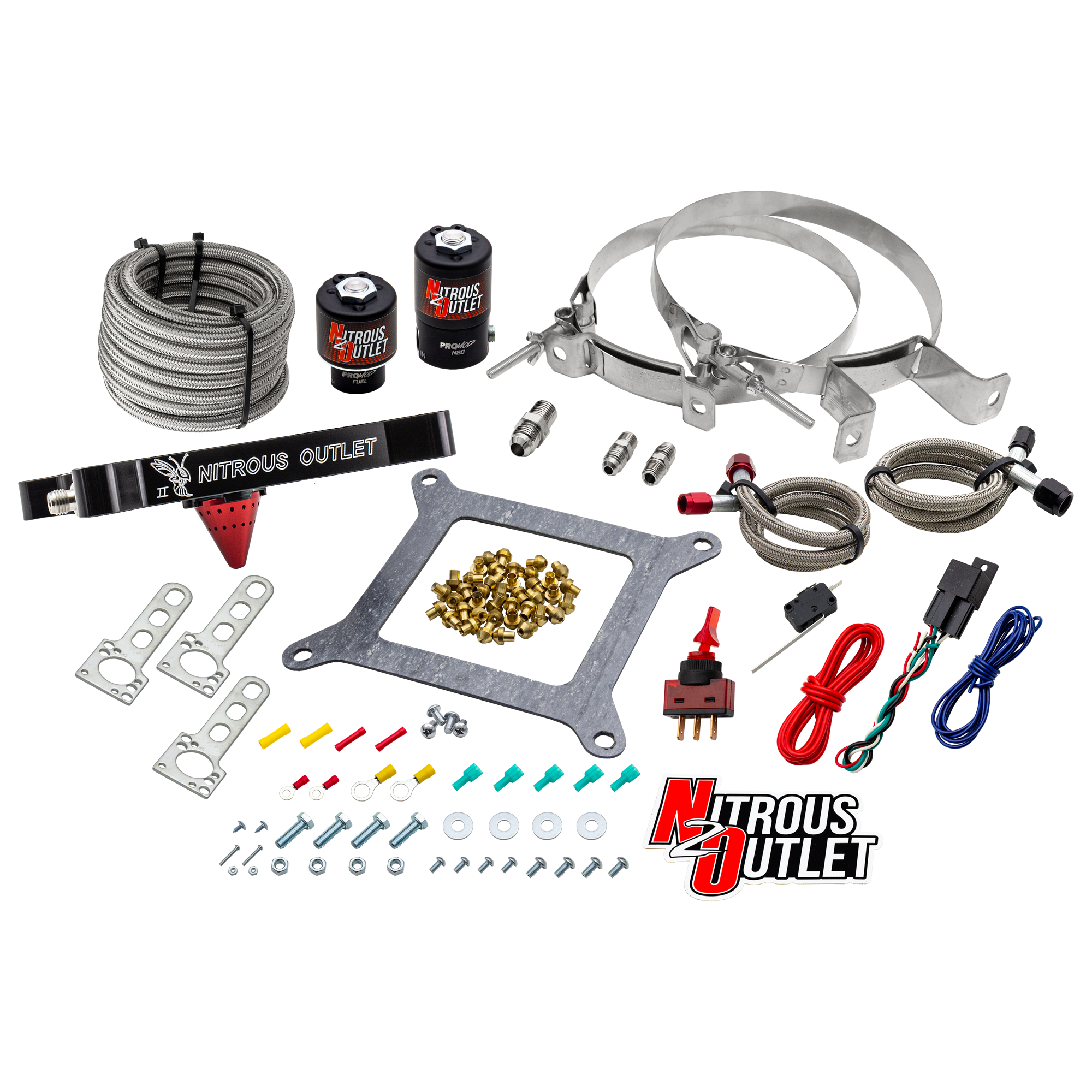 Nitrous Outlet 4150 Stinger 2 System - Braided Hoses/.122 Nitrous Solenoid/.177 Fuel Solenoid/Universal Solenoid Brackets ...