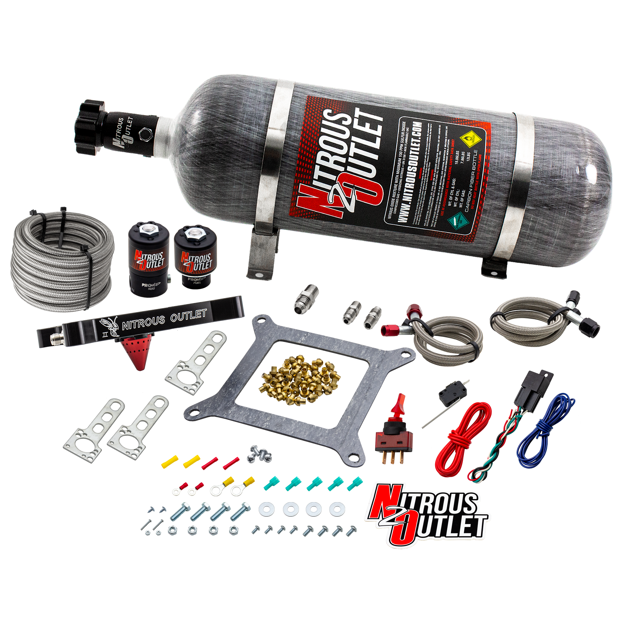 Nitrous Outlet 4150 Stinger 2 System - Braided Hoses/.122 Nitrous Solenoid/.177 Fuel Solenoid/Universal Solenoid Brackets ...