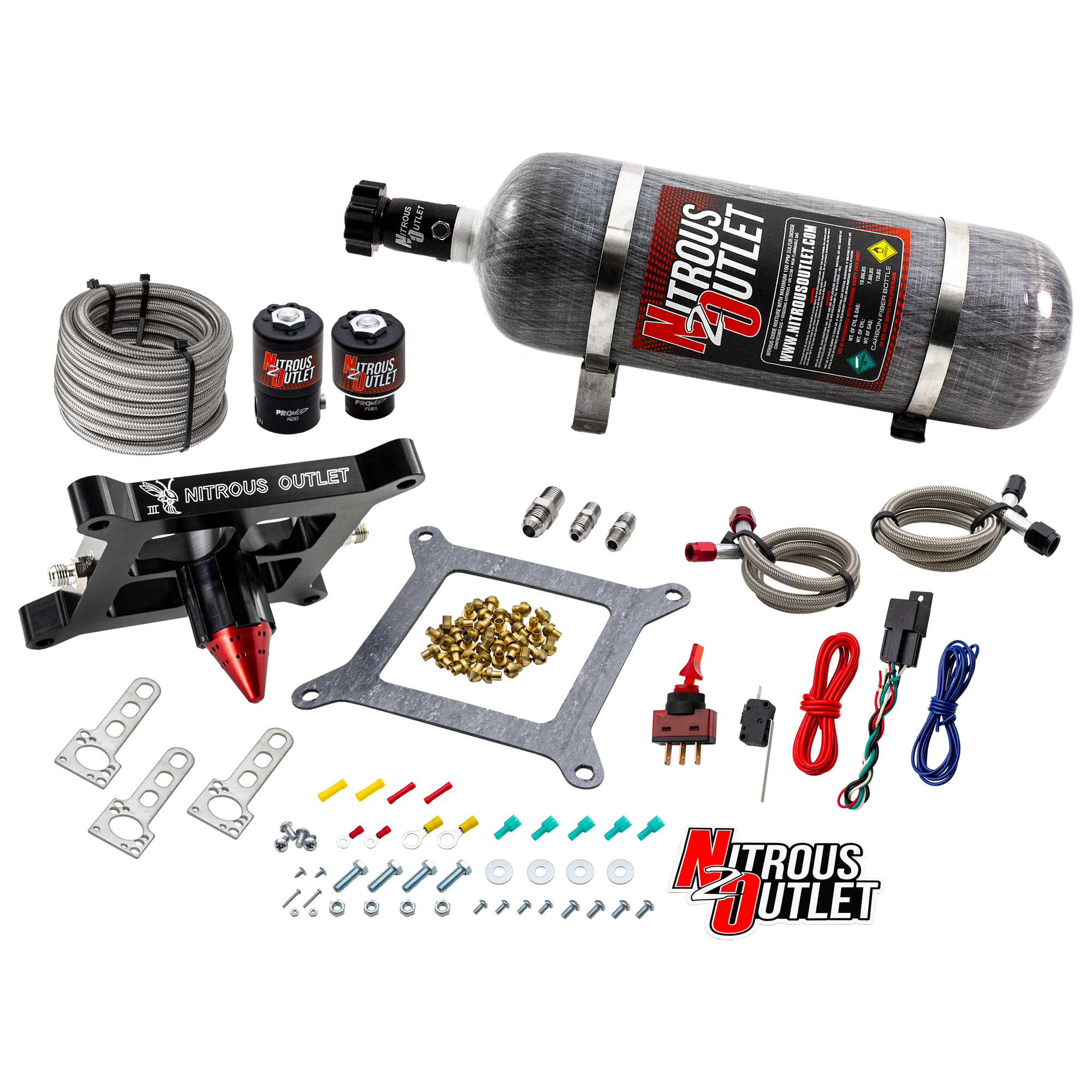 Nitrous Outlet 4150 Stinger 3 System - Braided Hoses/.122 Nitrous Solenoid/.177 Fuel Solenoid/Universal Solenoid Brackets ...