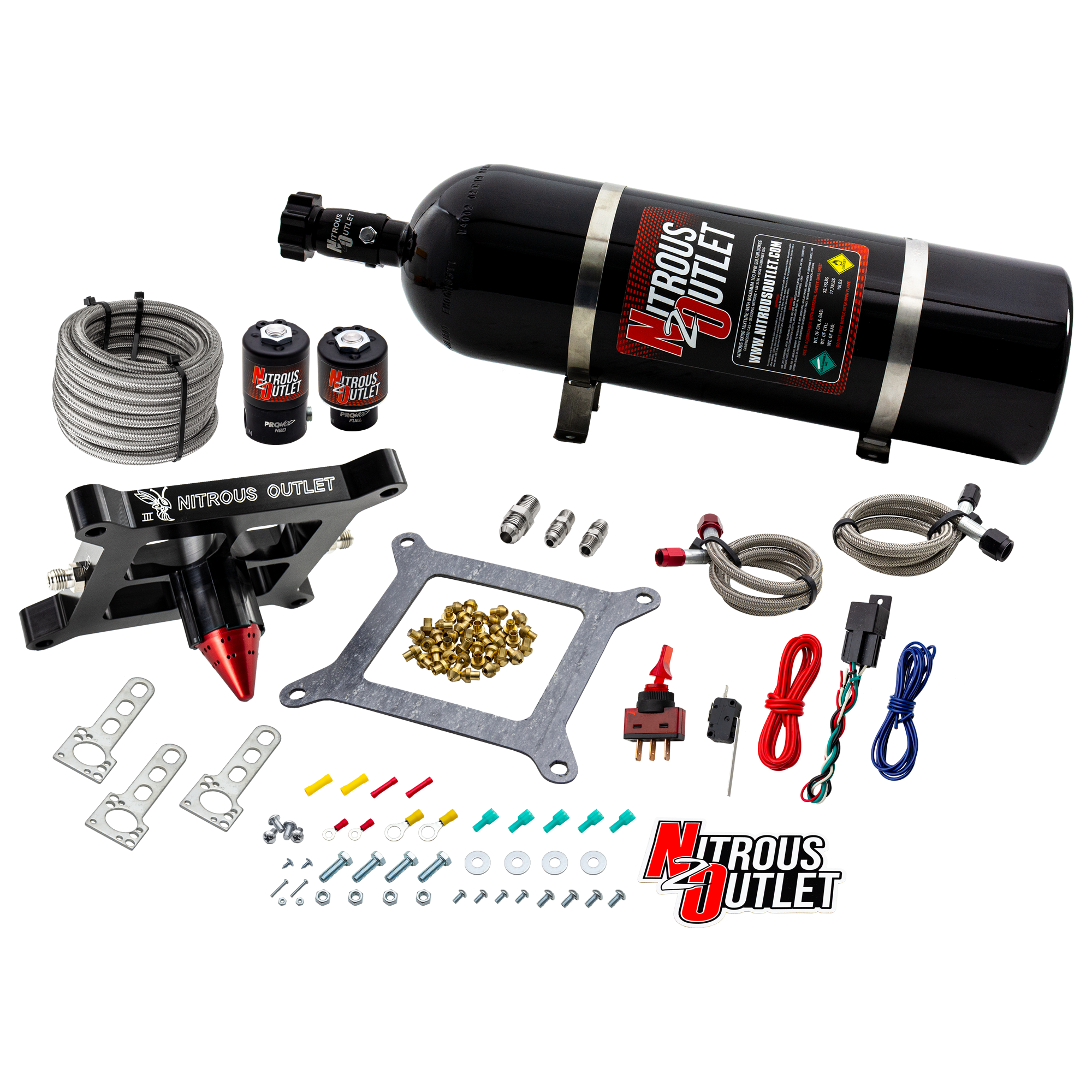 Nitrous Outlet 4150 Stinger 3 System - Braided Hoses/.122 Nitrous Solenoid/.177 Fuel Solenoid/Universal Solenoid Brackets ...