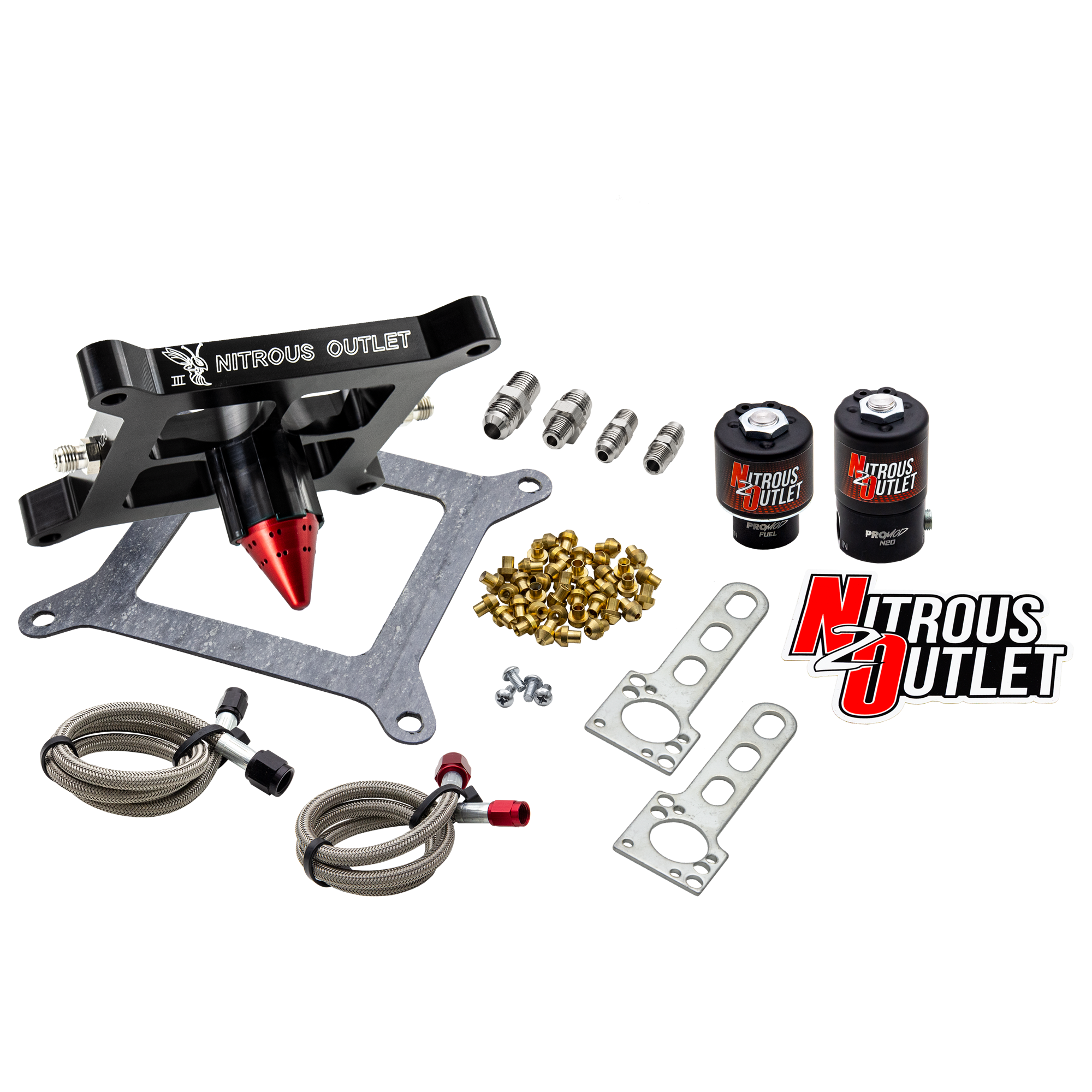 Nitrous Outlet 4150 Stinger 3 Solenoid Forward Conversion Kit - Braided Hoses/.122 Nitrous Solenoid/.177 Fuel Solenoid/Uni...