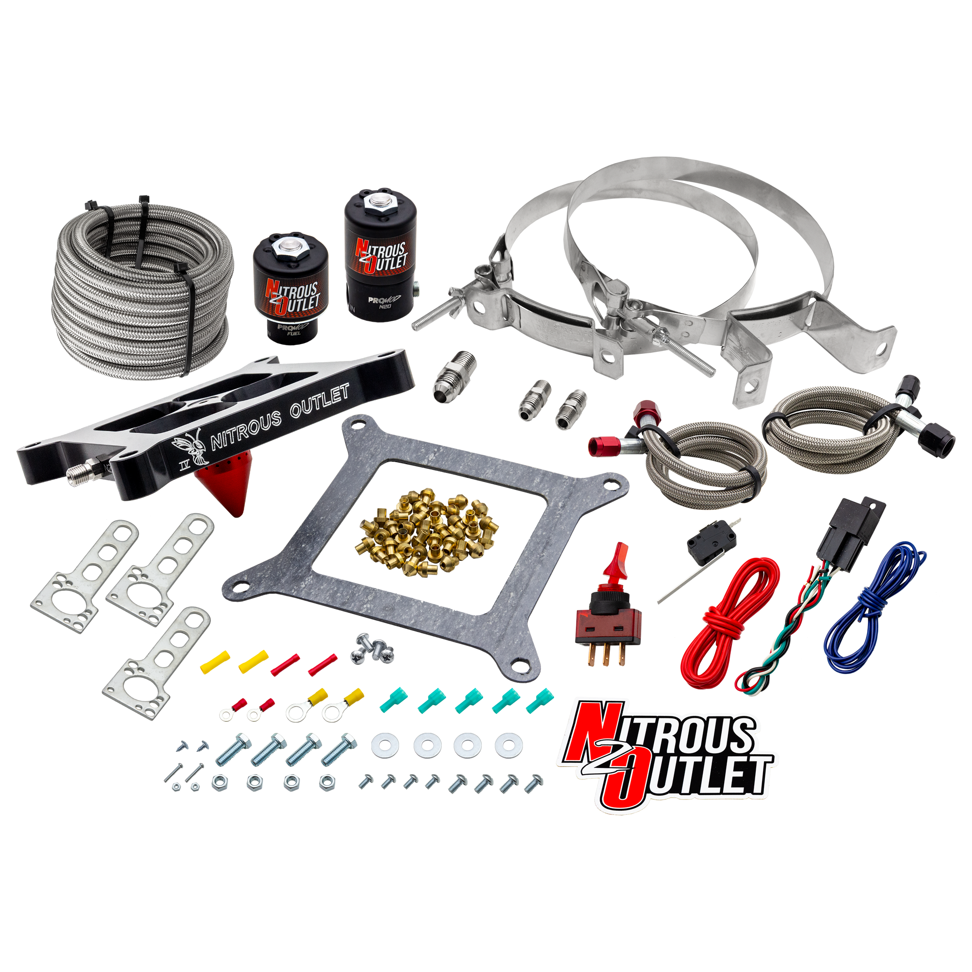 Nitrous Outlet 4150 Stinger 4 System - Braided Hoses/.122 Nitrous Solenoid/.177 Fuel Solenoid/Universal Solenoid Brackets ...