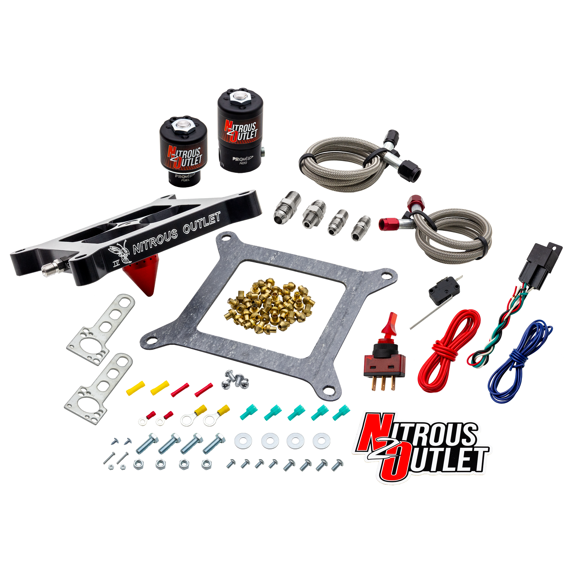 Nitrous Outlet 4150 Stinger 4 Solenoid Forward Conversion Kit - Braided Hoses/.122 Nitrous Solenoid/.177 Fuel Solenoid/Uni...