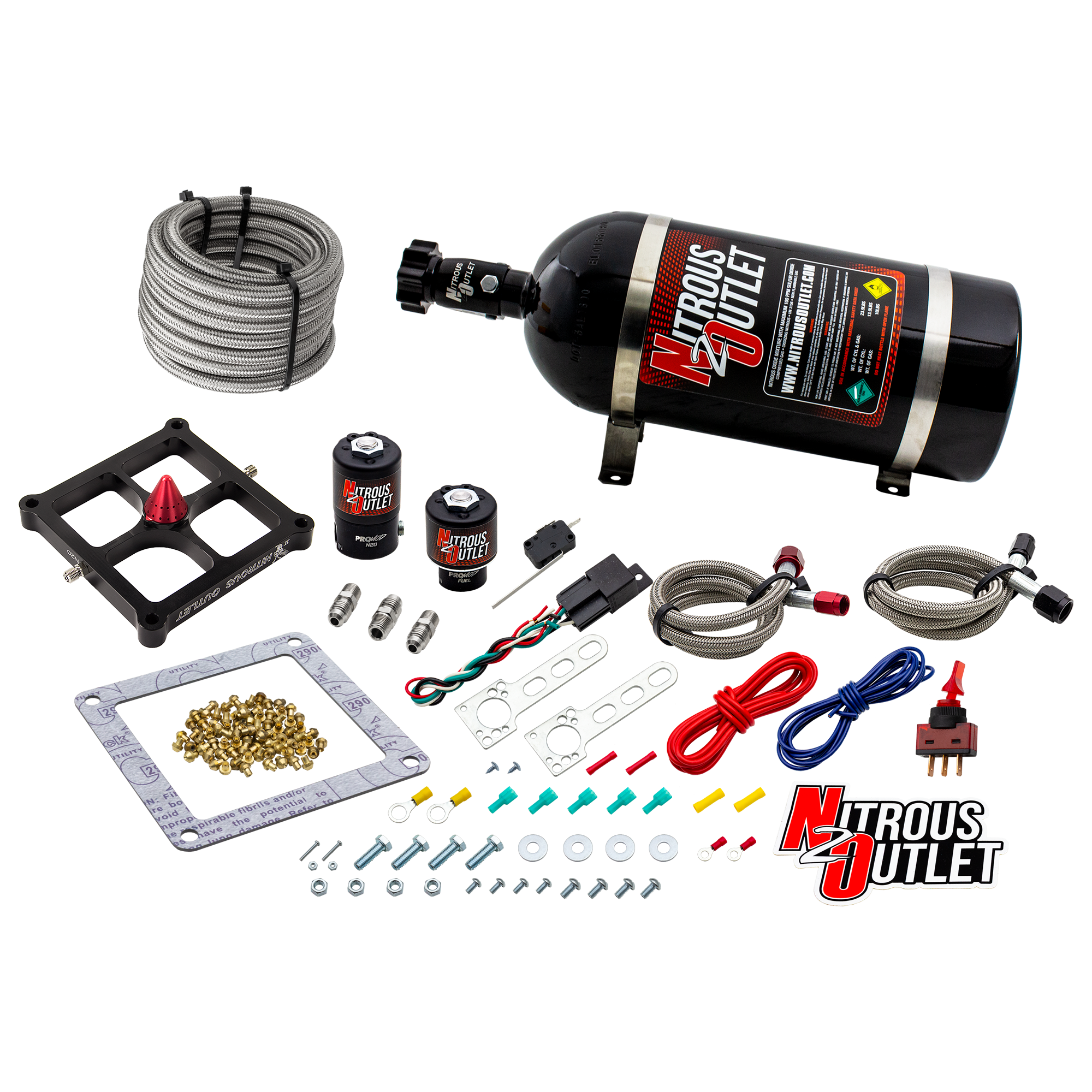 Nitrous Outlet 4500 Stinger 2 System - Braided Hoses/.122 Nitrous Solenoid/.177 Fuel Solenoid/Universal Solenoid Brackets ...