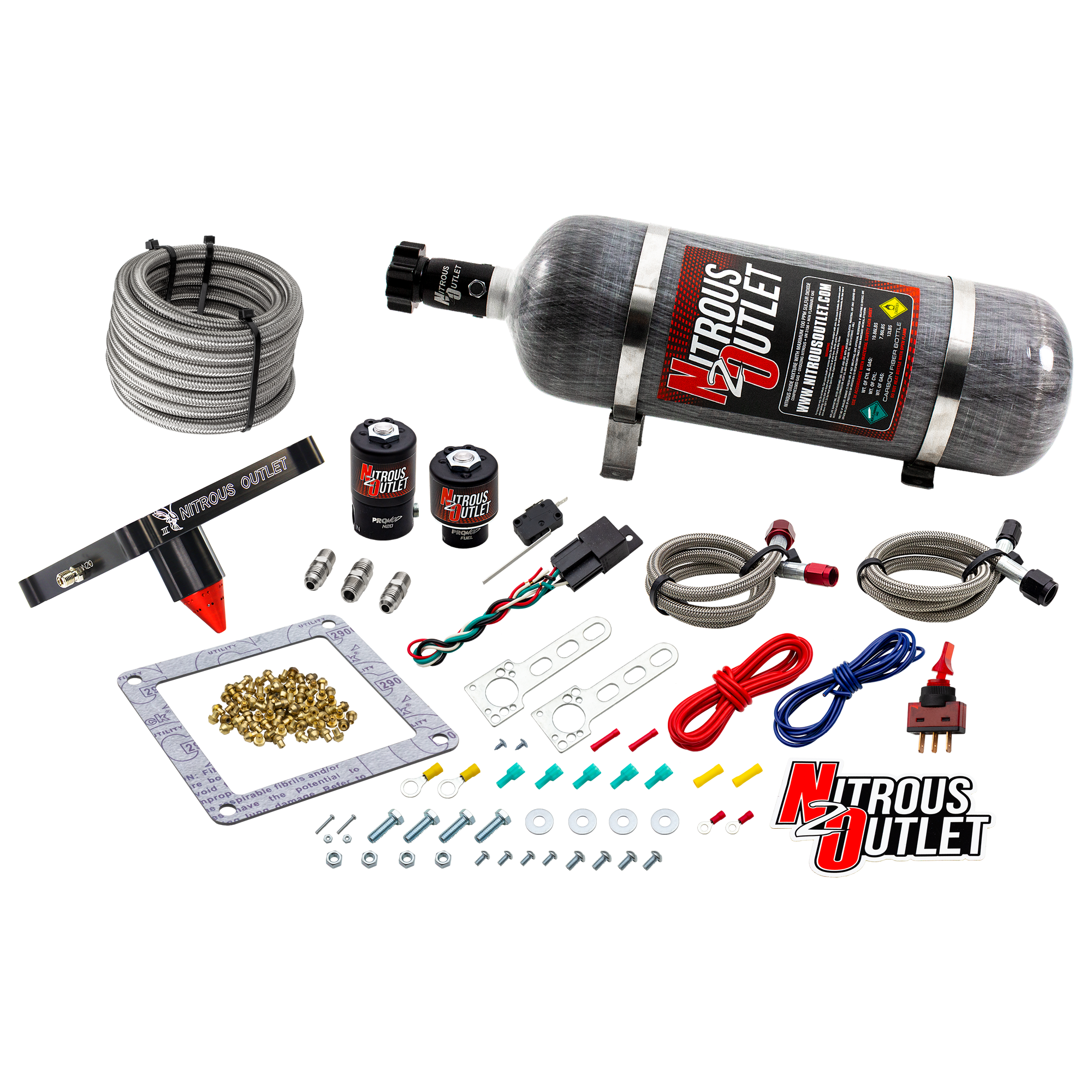 Nitrous Outlet 4500 Stinger 3 System - Braided Hoses/.122 Nitrous Solenoid/.177 Fuel Solenoid/Universal Solenoid Brackets ...