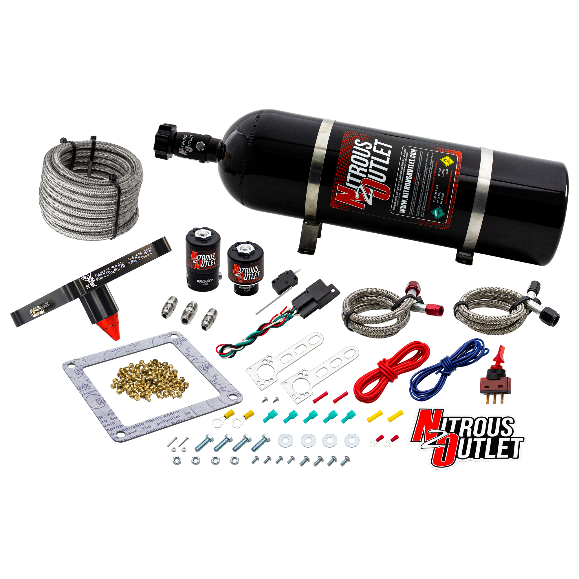 Nitrous Outlet 4500 Stinger 3 System - Braided Hoses/.122 Nitrous Solenoid/.177 Fuel Solenoid/Universal Solenoid Brackets ...