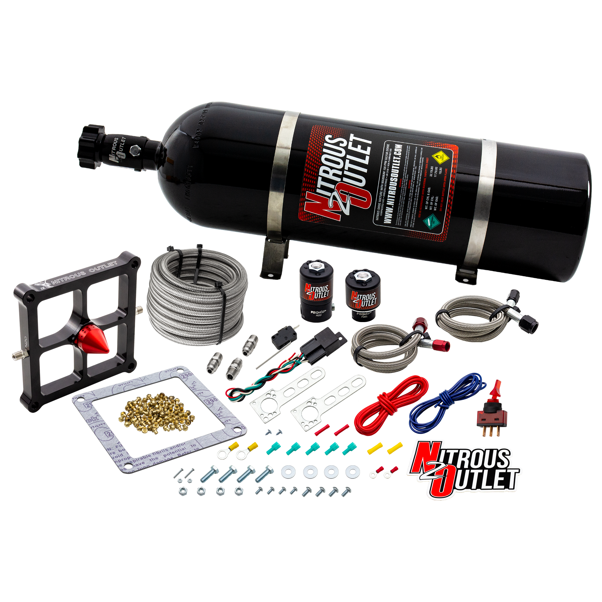 Nitrous Outlet 4500 Stinger 4 System - Braided Hoses/.122 Nitrous Solenoid/.177 Fuel Solenoid/Universal Solenoid Brackets ...