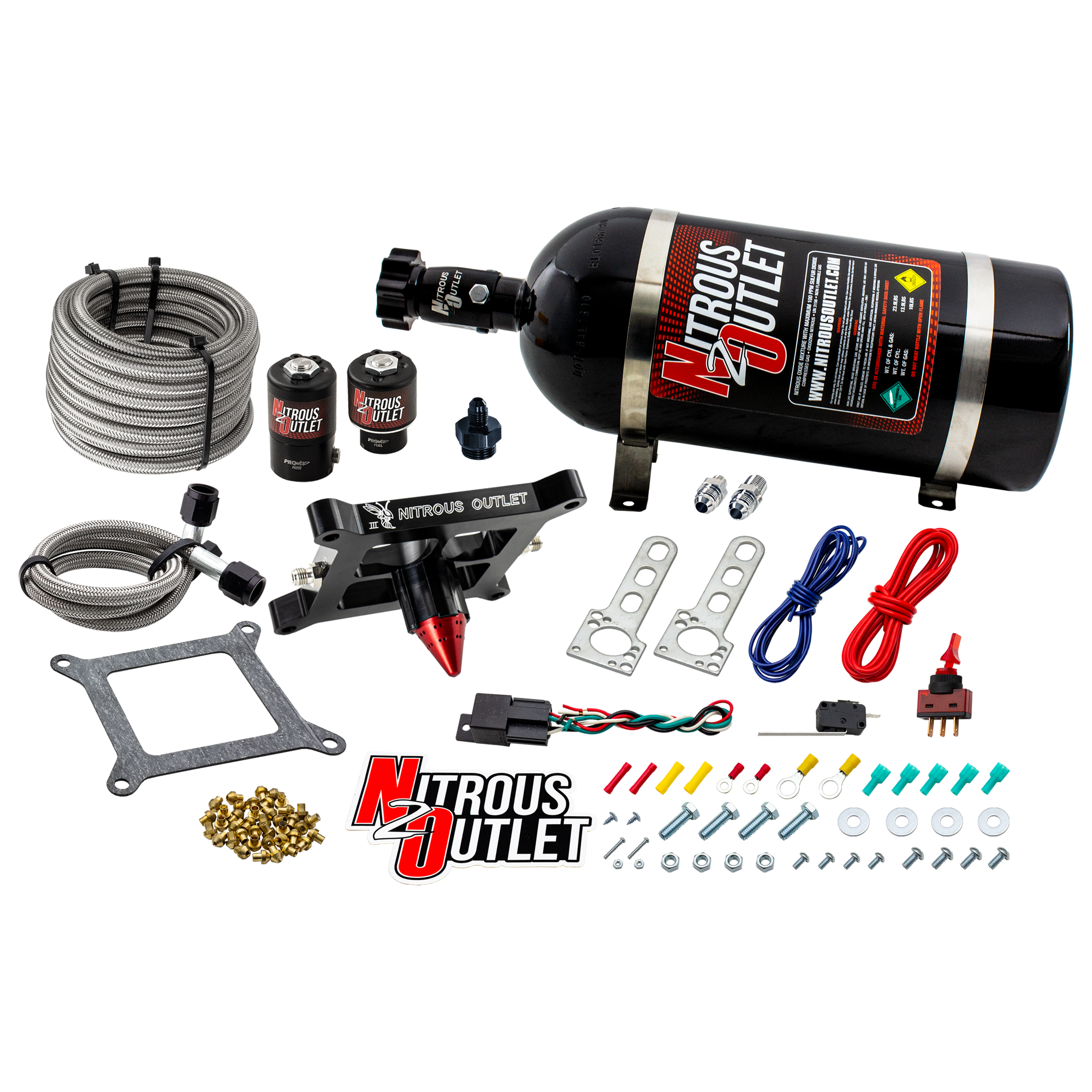 Nitrous Outlet 4150 Stinger 2 Dry System - Braided Hoses/.122 Nitrous Solenoid/Universal Solenoid Bracket - (50-500 HP)(10...