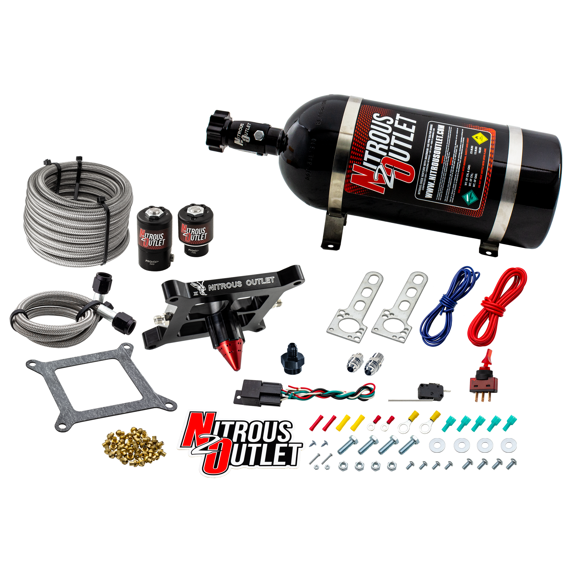 Nitrous Outlet 4150 Stinger 3 Dry System - Braided Hoses/.122 Nitrous Solenoid/Universal Solenoid Bracket - (50-500 HP)(10...