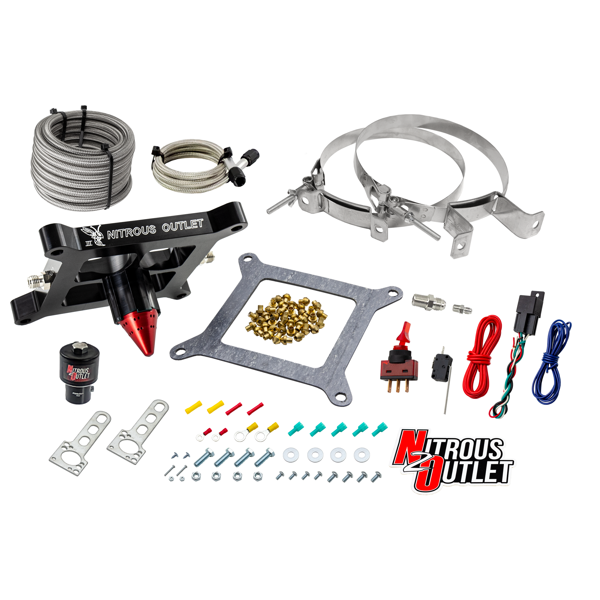 Nitrous Outlet 4150 Stinger 3 Dry Race System - Braided Hoses/.178 Trashcan Nitrous Solenoid/Universal Solenoid Bracket - ...
