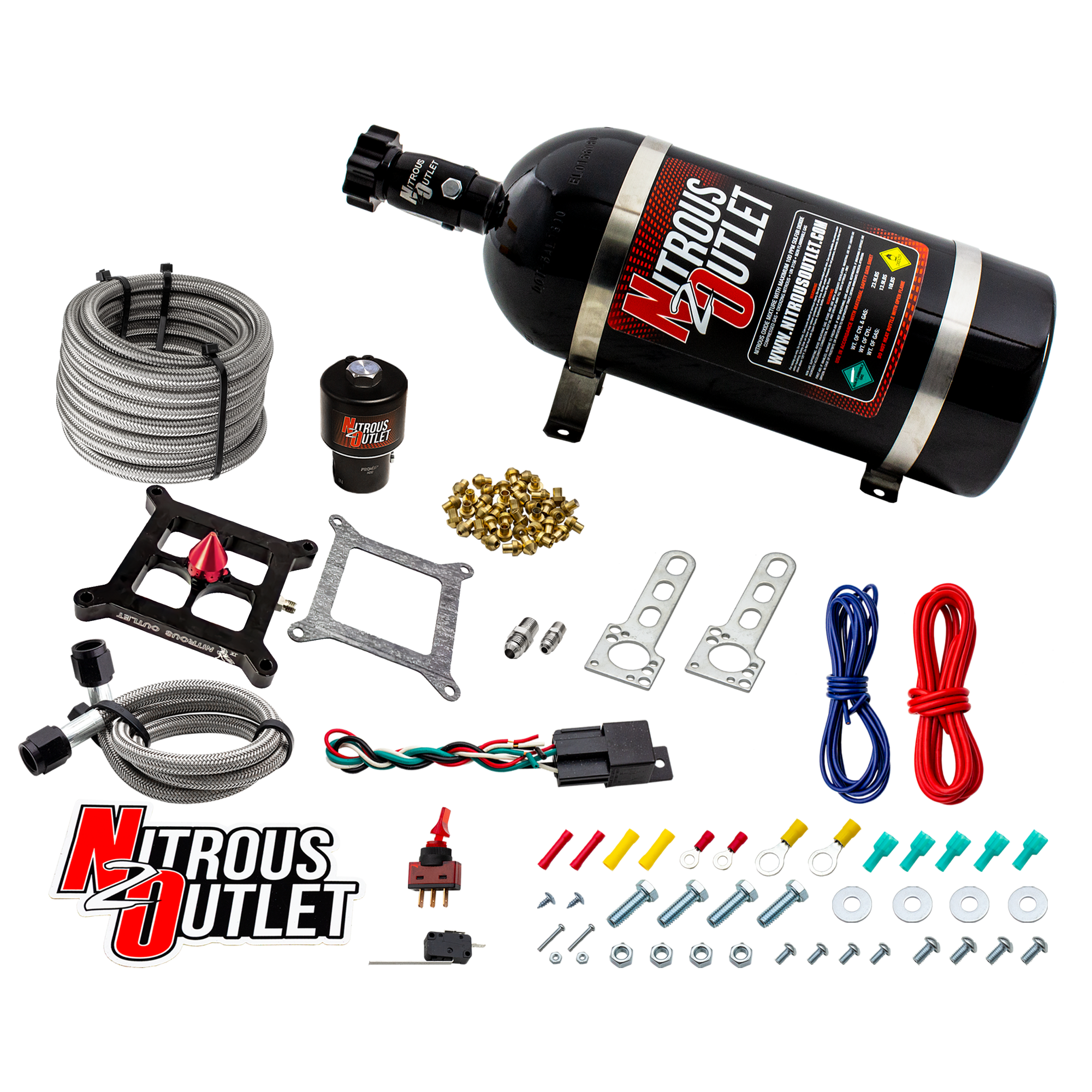 Nitrous Outlet 4150 Stinger 4 Dry Race System - Braided Hoses/.178 Trashcan Nitrous Solenoid/Universal Solenoid Bracket - ...