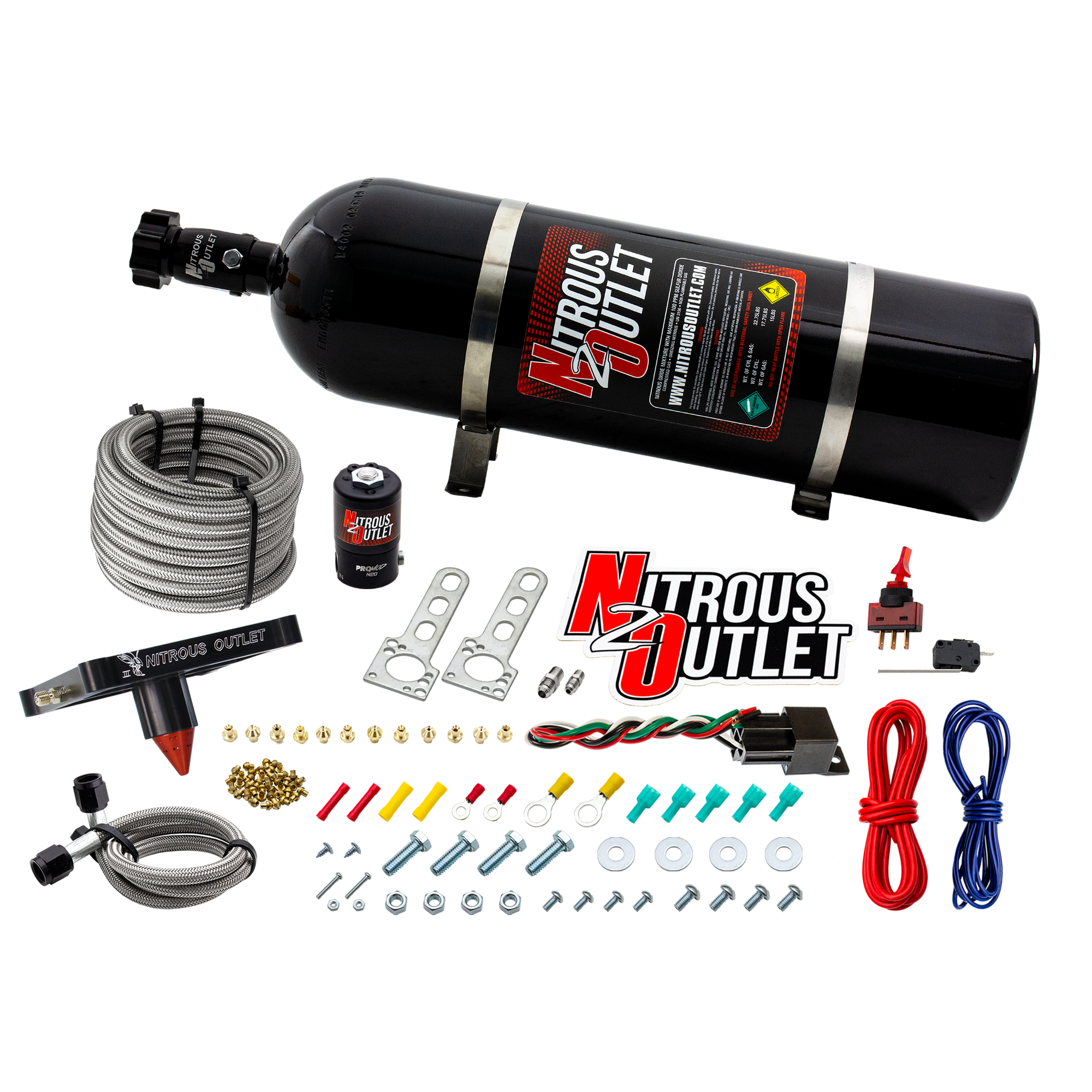 Nitrous Outlet 4500 Stinger 3 Dry System - Braided Hoses/.122 Nitrous Solenoid/Universal Solenoid Bracket - (50-500 HP)(15...