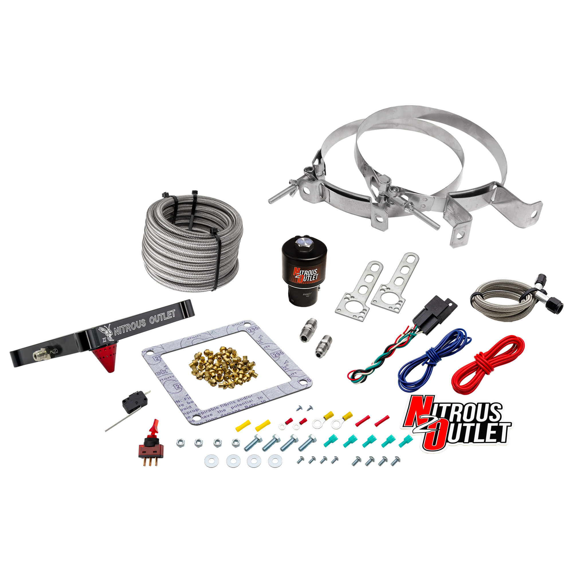 Nitrous Outlet 4500 Stinger 2 Dry Race System - Braided Hoses/.178 Trashcan Nitrous Solenoid/Universal Solenoid Bracket - ...