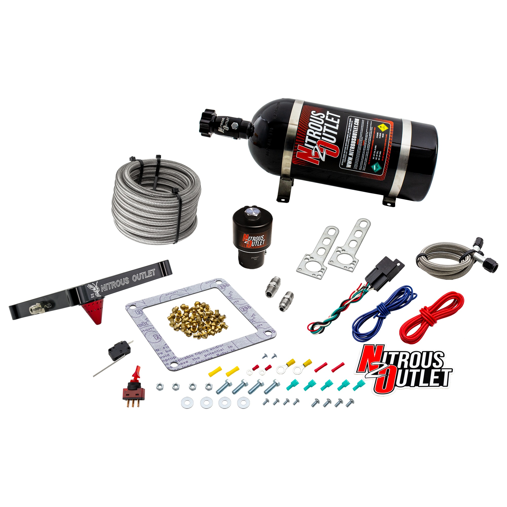 Nitrous Outlet 4500 Stinger 2 Dry Race System - Braided Hoses/.178 Trashcan Nitrous Solenoid/Universal Solenoid Bracket - ...