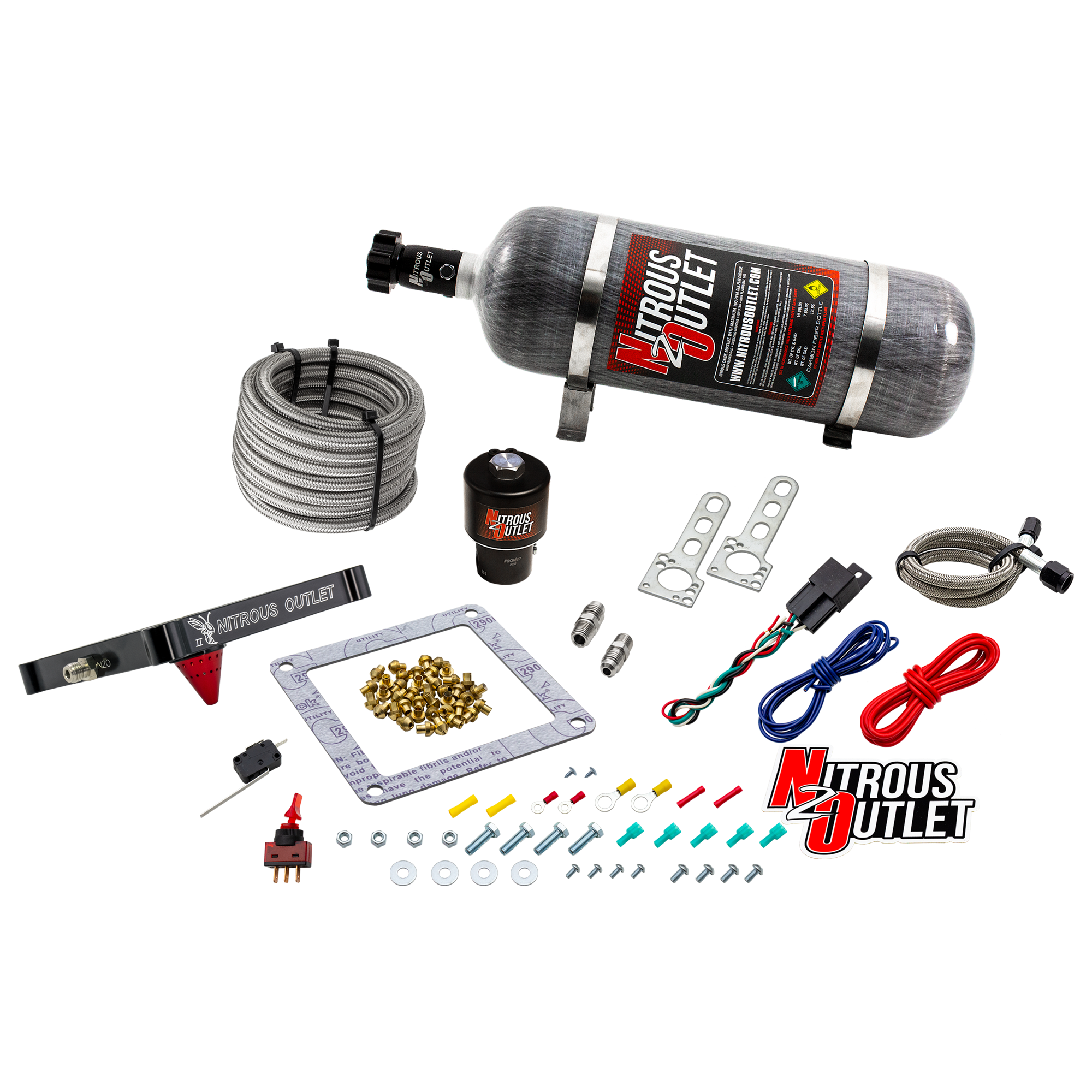 Nitrous Outlet 4500 Stinger 2 Dry Race System - Braided Hoses/.178 Trashcan Nitrous Solenoid/Universal Solenoid Bracket - ...