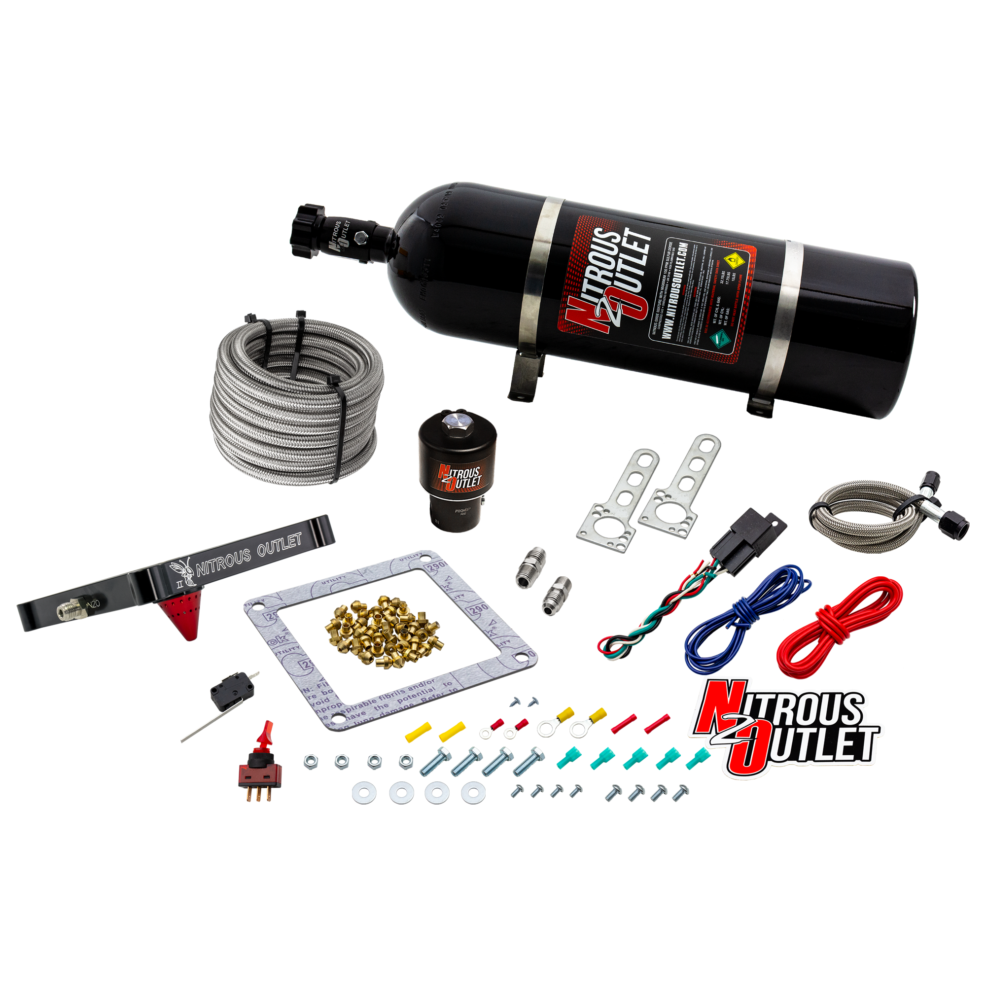 Nitrous Outlet 4500 Stinger 2 Dry Race System - Braided Hoses/.178 Trashcan Nitrous Solenoid/Universal Solenoid Bracket - ...