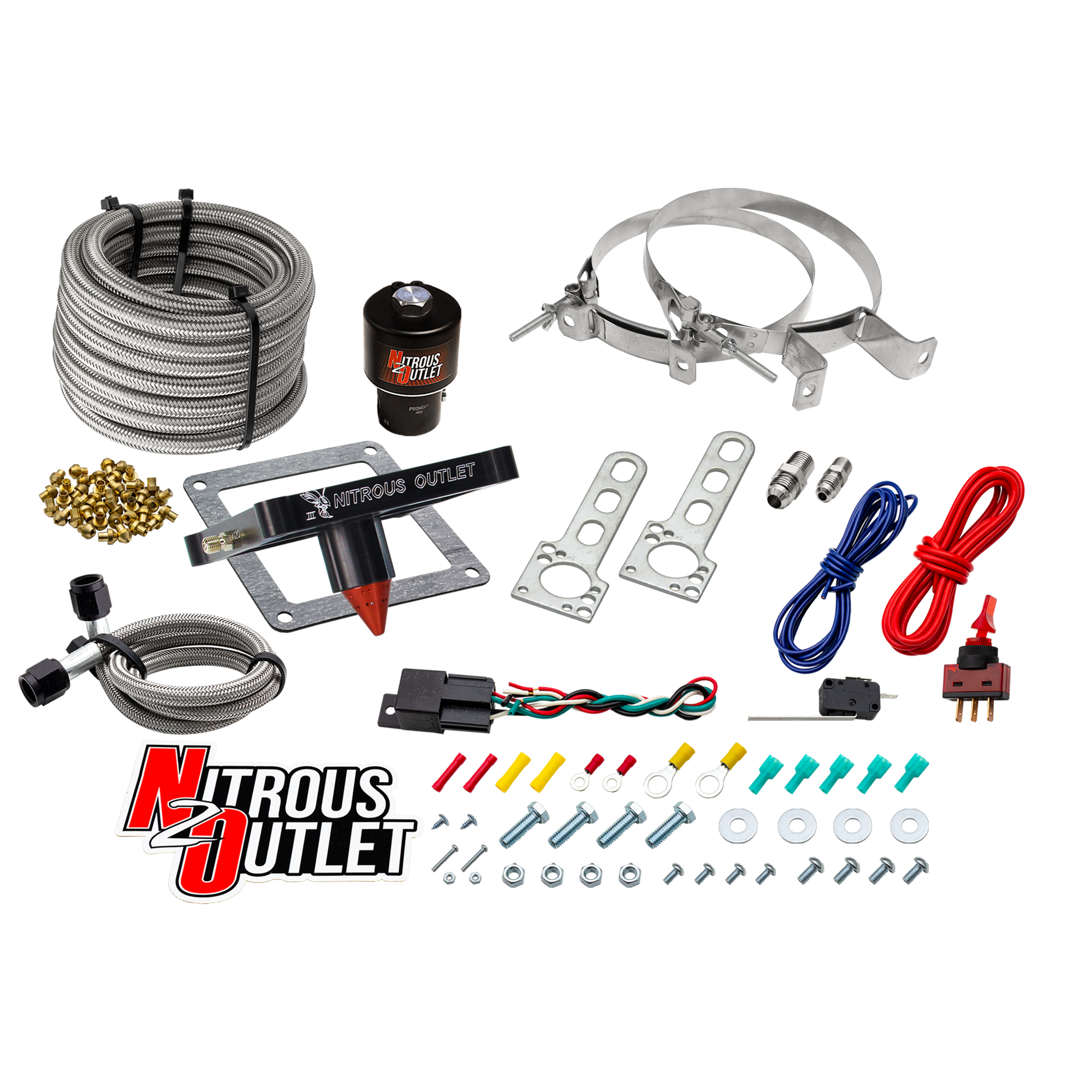 Nitrous Outlet 4500 Stinger 3 Dry Race System - Braided Hoses/.178 Trashcan Nitrous Solenoid/Universal Solenoid Bracket - ...