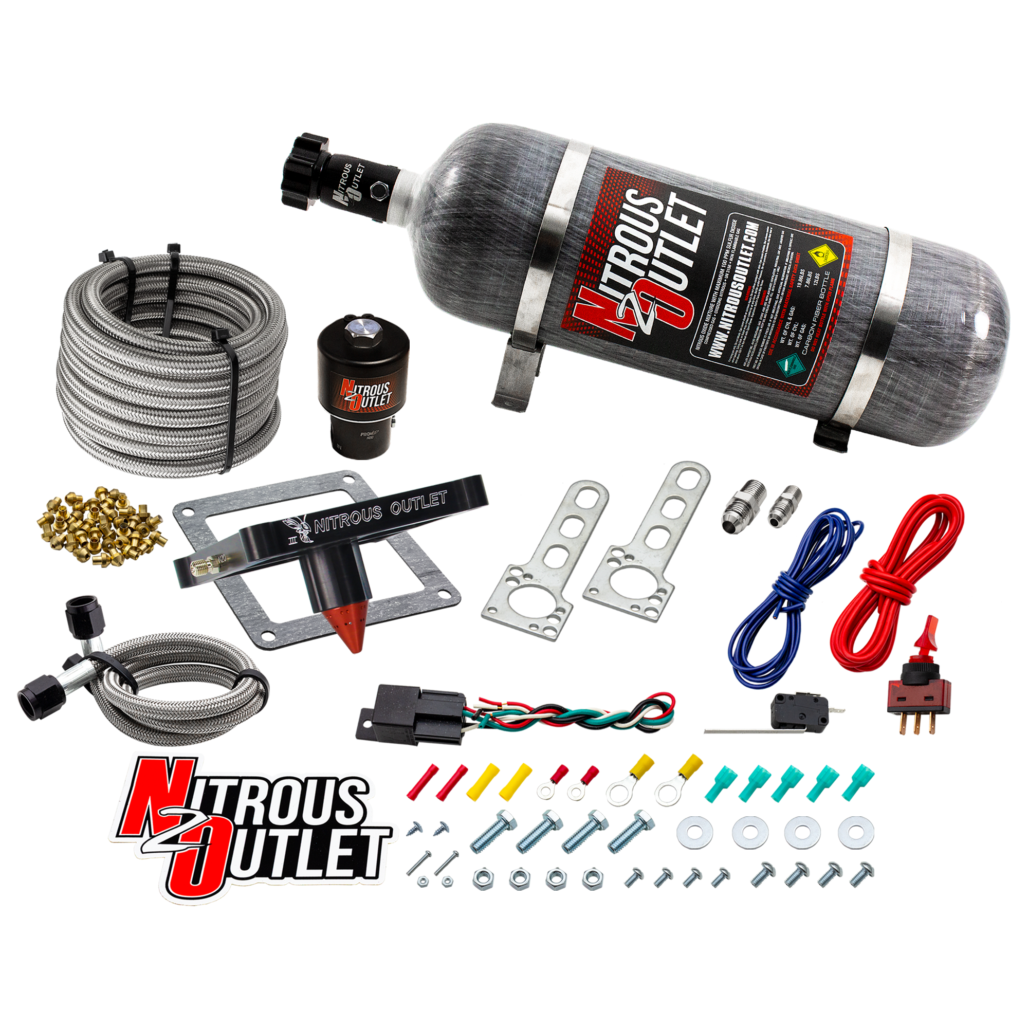 Nitrous Outlet 4500 Stinger 3 Dry Race System - Braided Hoses/.178 Trashcan Nitrous Solenoid/Universal Solenoid Bracket - ...