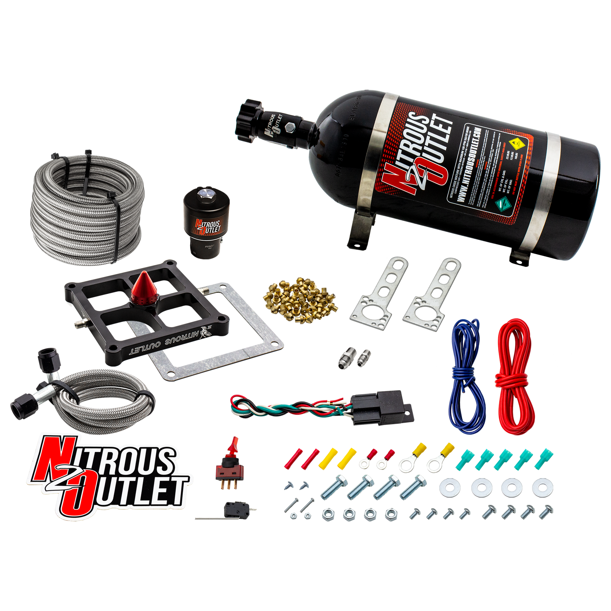 Nitrous Outlet 4500 Stinger 4 Dry Race System - Braided Hoses/.178 Trashcan Nitrous Solenoid/Universal Solenoid Bracket - ...