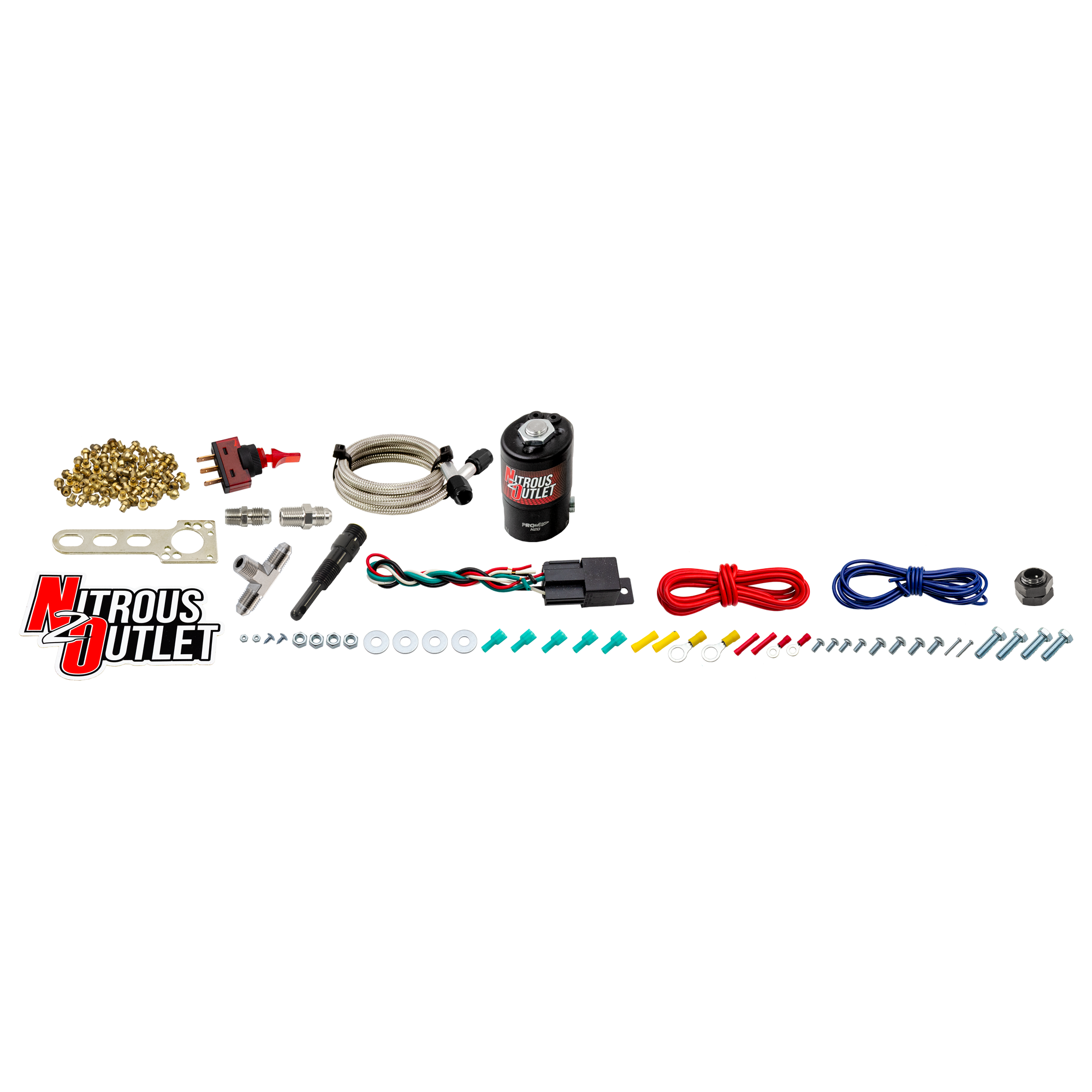 Nitrous Outlet Single To Dual Stage Dry Conversion Kit - Braided Hoses/.122 Nitrous Solenoid/1/16" NPT 90 Degree Nozzle/Un...