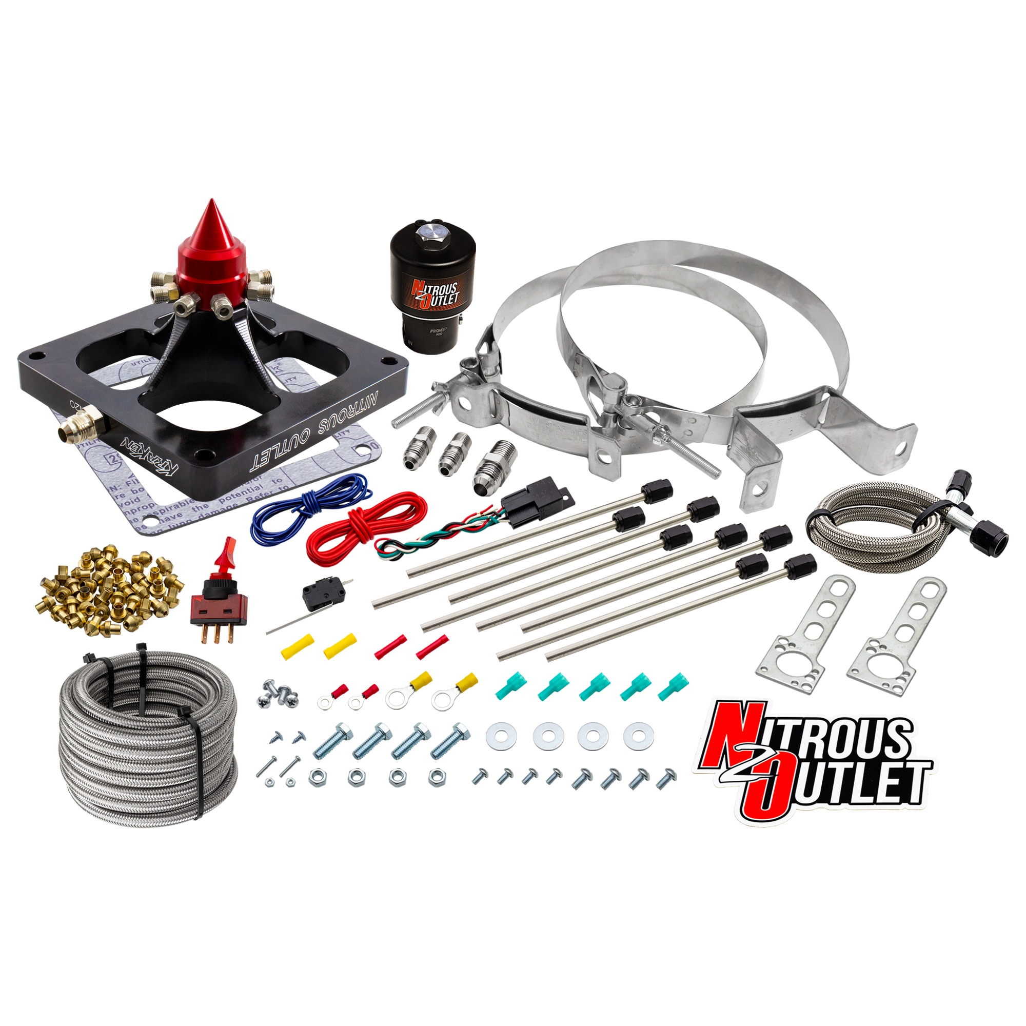 Nitrous Outlet 4500 Dry Kraken Plate System - Braided Hose/.178 MOD Trashcan Nitrous Solenoid/Universal Solenoid Bracket (...