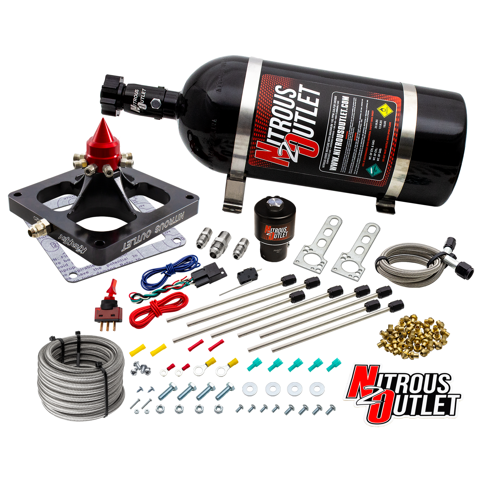 Nitrous Outlet 4500 Dry Kraken Competition Plate System - Braided Hose/.189 Competition Trashcan Nitrous Solenoid/Universa...