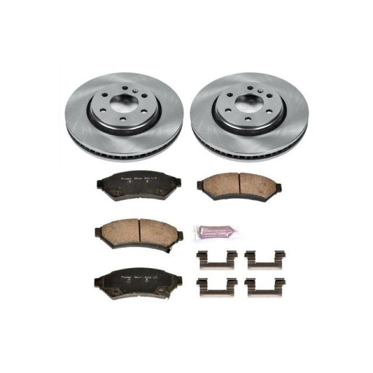 PowerStop OE front brake kit for 2006-2007 Buick Terraza, including brake rotors and calipers, installed on vehicle.