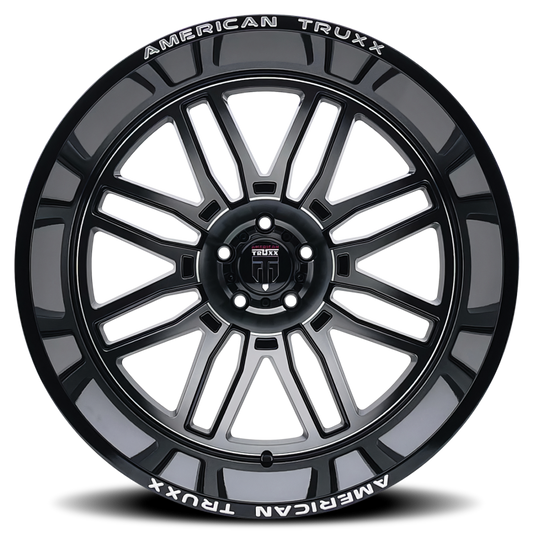 American Truxx AT1915 Restless 24x14 cast wheel with gloss black mill finish, 6x139.7 bolt pattern, -76mm offset, 106mm hub