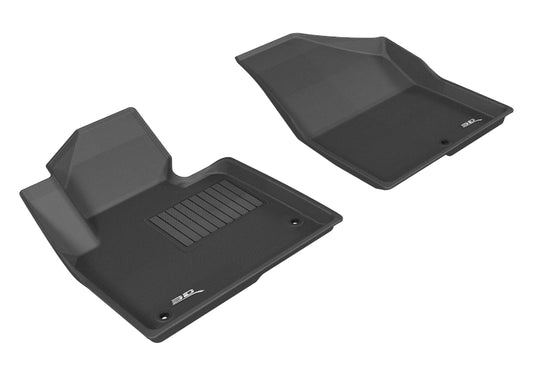 Black 3D MAXpider rubber floor mat for first row in 2013-2019 Hyundai Santa Fe Sport, Santa Fe, and Santa Fe XL vehicles.