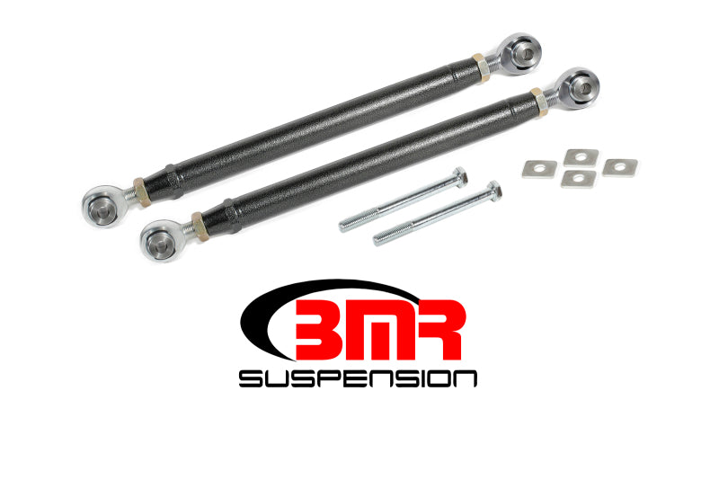 Black Hammertone BMR 16-17 6th Gen Camaro rear double adjustable toe rod ends for suspension upgrade.