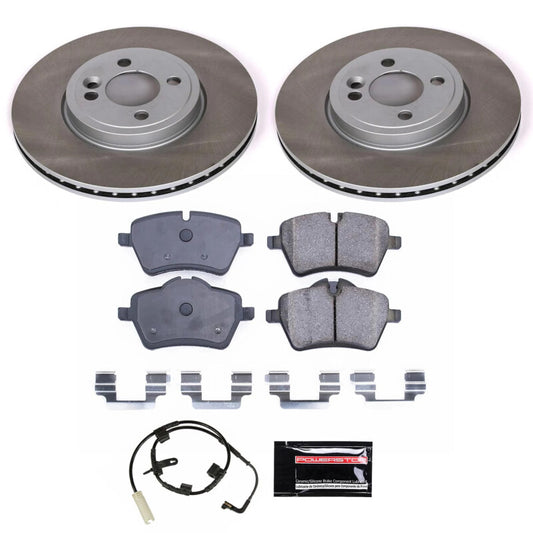 PowerStop performance front semi-coated rotor kit for 2007-2010 Mini Cooper, showing brake rotors with semi-coated surface and mounting hardware.