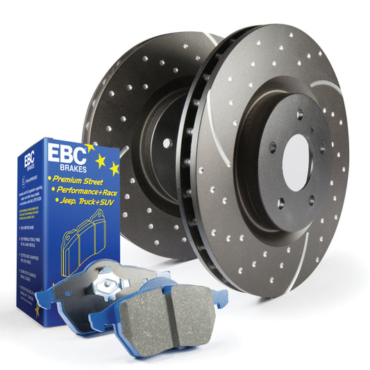 EBC S6 brake pad and rotor kit with slot and drilled rotors, featuring metallic brake pads and ventilated disc surfaces.