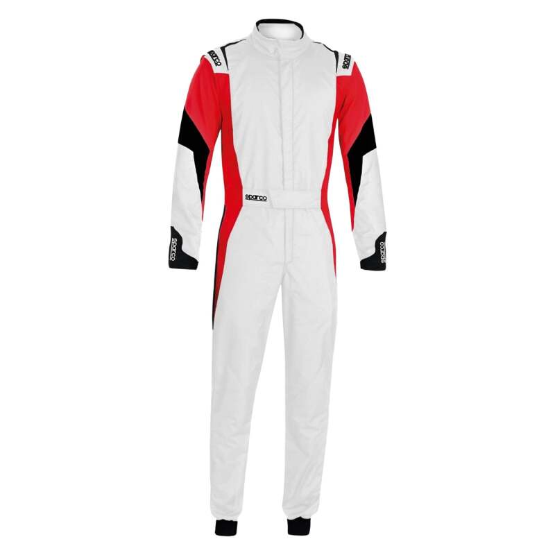 Sparco Competition Racing Suit with white and red design, featuring boot cuff details, made for high-performance motorsport racing.
