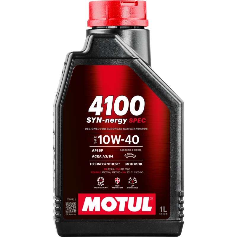 Motul 1L Engine Oil 4100 Syn-Nergy 10W40 bottle, motor oil container with label, for vehicle engine lubrication.
