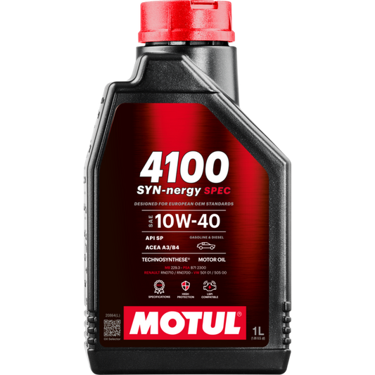 Motul 1L Engine Oil 4100 Syn-Nergy 10W40 bottle, motor oil container with label, for vehicle engine lubrication.