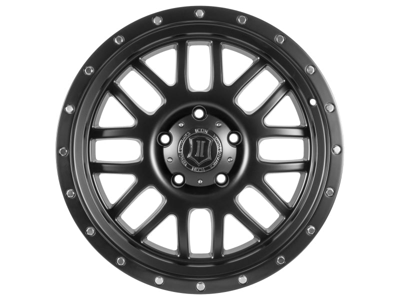 ICON Alpha 20x9 satin black cast wheel with 8x180 bolt pattern, 12mm offset, 5.5-inch backspacing, and 125.2mm bore.