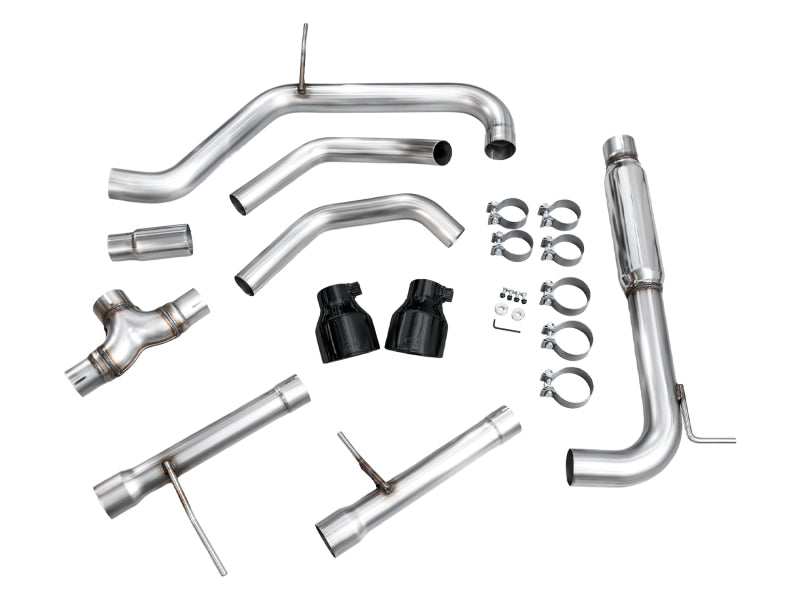AWE Tuning 22-25 Volkswagen Jetta GLI Track Edition catback exhaust with diamond black tips, shown from the side view.