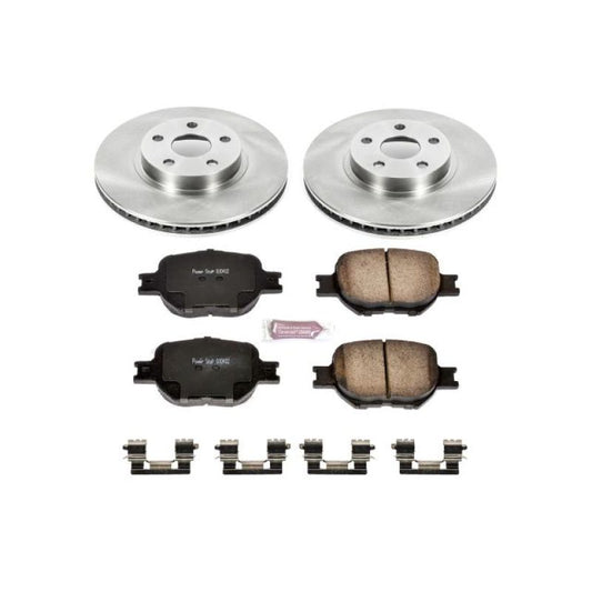 PowerStop OE front brake kit for 2005-2010 Scion tC showing brake rotors and pads in a vehicle wheel assembly