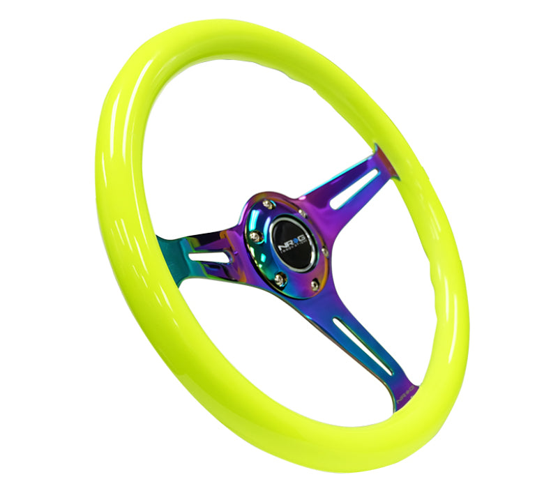 NRG Classic wood grain steering wheel in neon yellow with neochrome spokes, 350mm diameter, designed for sporty vehicles.