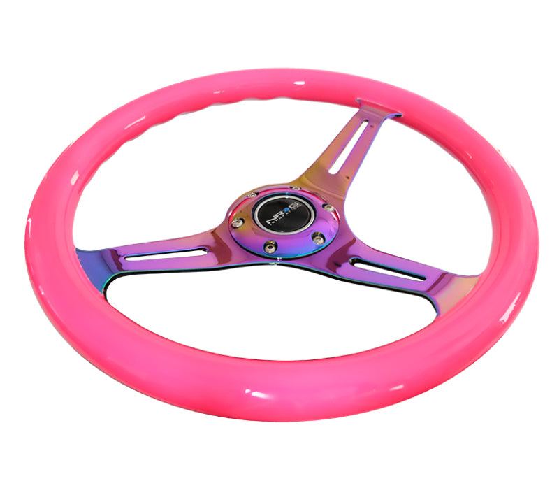 NRG Classic wood grain steering wheel with neon pink painted grip and Neochrome 3-spoke center, 350mm diameter for car interiors.