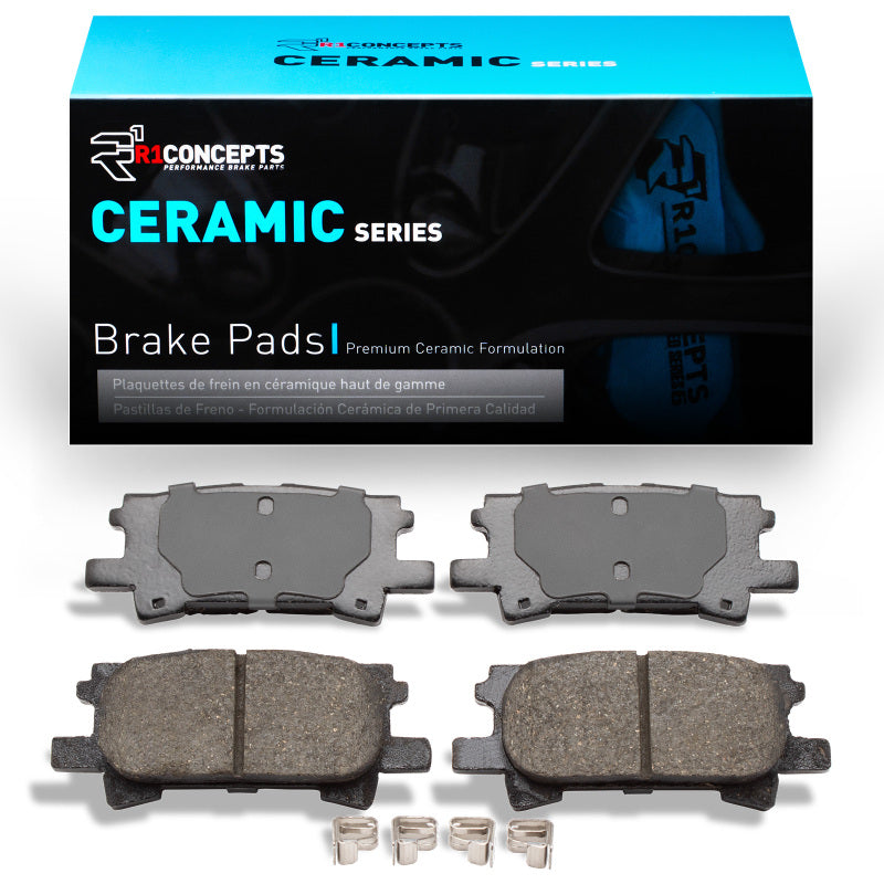 R1 Concepts ceramic brake pads for Lexus RX400h rear, OE quality brake pads with R1 branding, shown from the side.