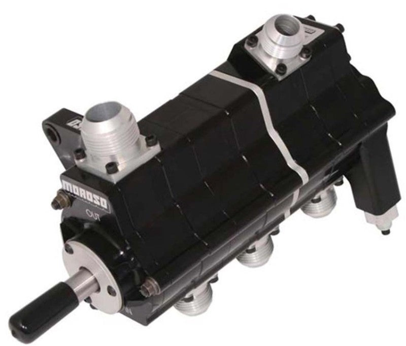 Moroso Black Series 3 Stage Dry Sump Oil Pump, left side view, featuring a .875-inch pressure fitting, for high-performance engines.