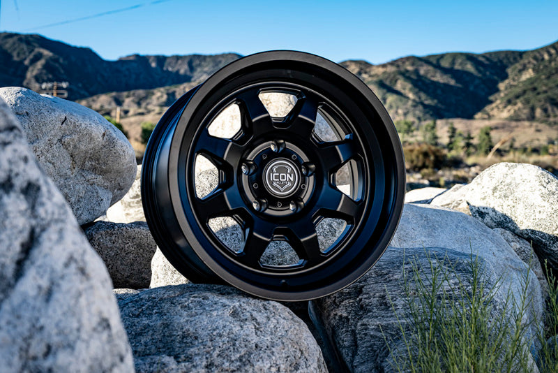 ICON Nuevo 17x8.5 satin black cast wheel with 5x150 bolt pattern and 25mm offset shown on a vehicle.