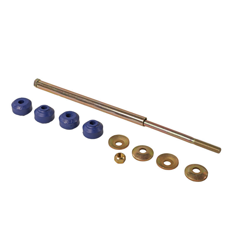Moog rear sway bar link for Buick Enclave 2008-2017, close-up of the black metal sway bar endlink with mounting bushings.